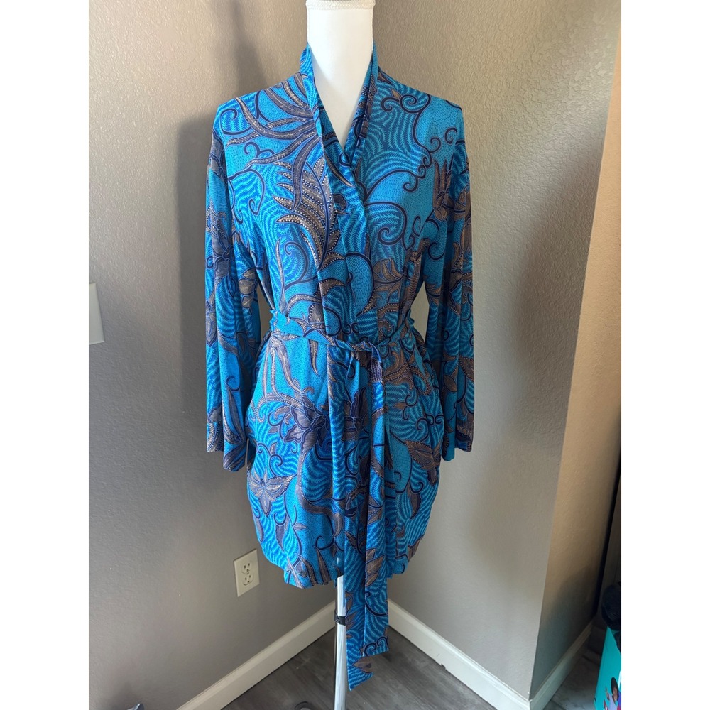 Victoria's Secret Blue Paisley Floral Kimono Robe One Size Short Silky Tie Waist